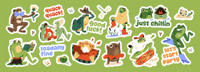 Sticker pack of funny frogs with comic phrases. Set of cute toads singing, dancing, croaking and reading. Happy froglets characters with flowers, skateboard. Flat isolated vector illustrations
