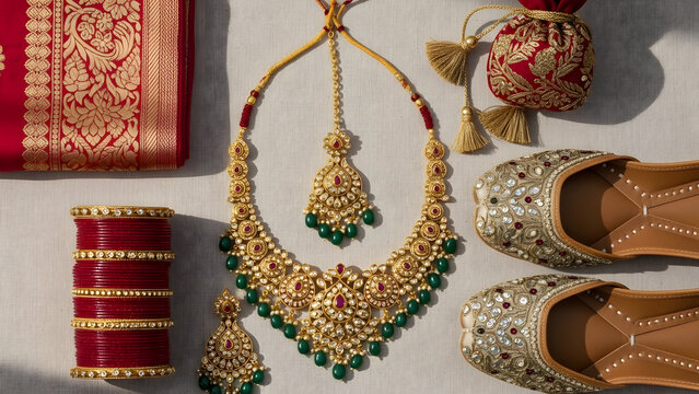 Vibrant South Asian Wedding Jewelry and Accessory Set on Neutral Background - Gold Necklace with Green Accents, Red Bangles, Potli Bag and Embroidered Jutti