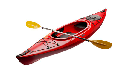 Vibrant red kayak with a yellow paddle on a solid black background showcasing outdoor recreational equipment for water sports adventures