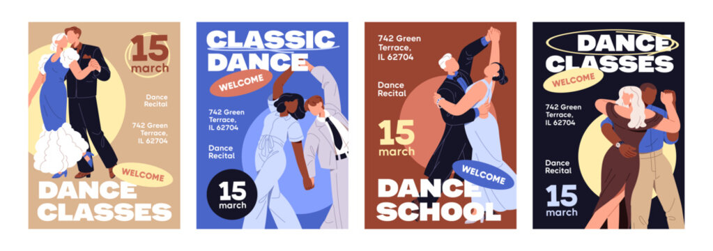 Advertising designs of dance school set. Promotion templates of waltz, tango and bachata classes for couples. Choreography lessons posters with performing dancers pairs. Flat vector illustrations