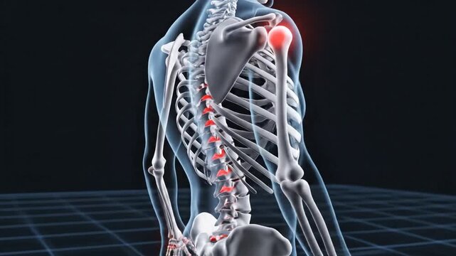 3D render of human skeleton with highlighted red areas of inflammation or pain