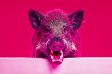 Closeup of angry scary Wild boar. vivid color background.