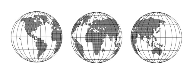 Dotted World Globe Map Set with Latitude Longitude Grid – Black and White Earth Hemisphere Vector Illustration © Jer