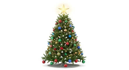 Fototapeta premium Green Christmas tree with colorful ornaments isolated with real transparent background for holiday decor