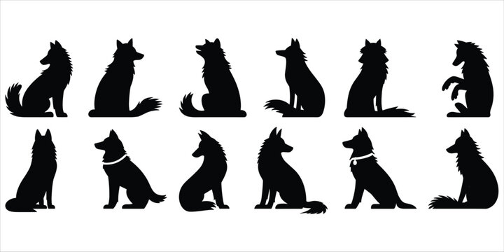 Set of black wolf or dog silhouettes in various poses on a white background canine animal