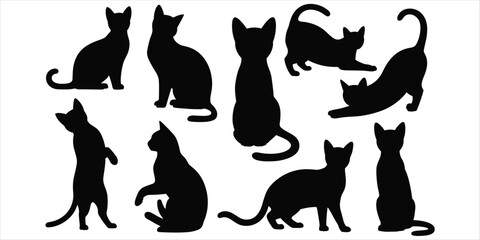 Group of black cat silhouettes in various poses on a white background feline animal © MdAbdur