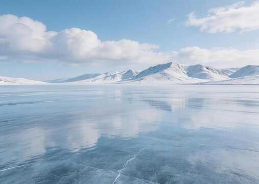 Frozen Lake and Snow-Covered Mountains Landscape