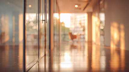 A blurry image of a hallway with glass doors