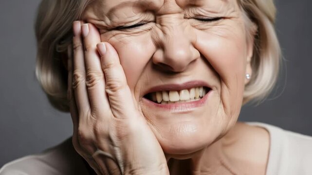 Close-up of a senior woman suffering from severe toothache, jaw pain, or earache. Elderly female holding her cheek in agony, medical concept of dental problem or neuralgia.