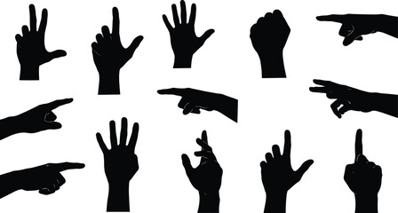 Hand gesture silhouettes set, pointing fingers, open palm, fist symbols, human sign language icons, vector clipart isolated collection