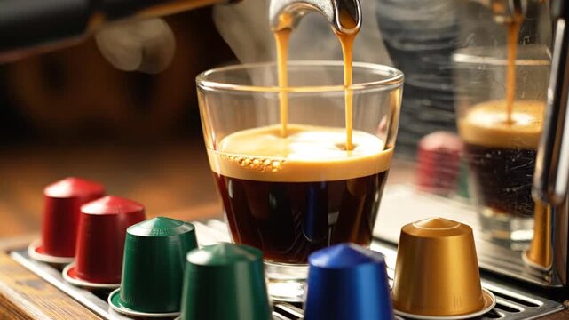Espresso being made in a glass cup with colorful coffee pods nearby | close-up