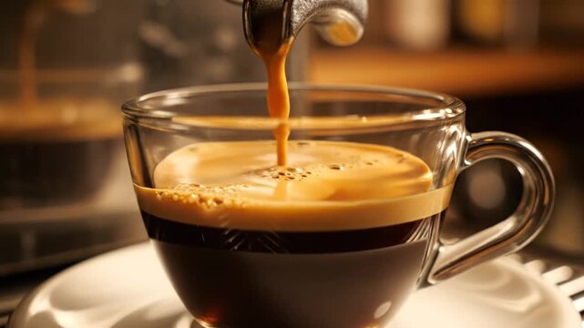 Espresso Pouring into Clear Glass Cup from Machine Close Up