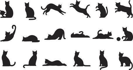 Assortment of Black Cat Silhouettes in Various Poses on White Background cats feline © MdAbdur