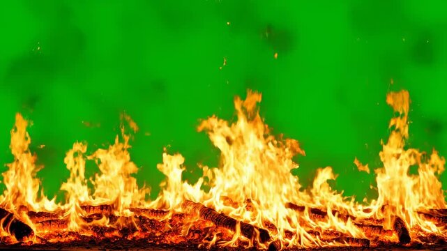 Intense blazing inferno. Fire burning on wood logs with green screen. Perfect for VFX compositing or dramatic overlay effects.