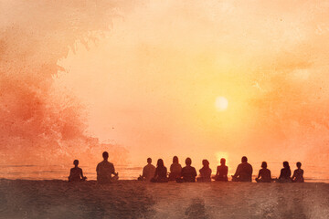 Group Meditation at Sunset on the Beach