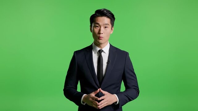 Trustworthy news delivery. Professional Asian man in a suit speaking on a green screen, ideal for broadcast journalism and corporate communication.