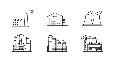 Obraz premium Various industrial buildings and factories with smoke stacks and warehouses in a line.