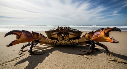 Fototapeta premium Large crab on a sandy beach with ocean and sky in the background, close-up.