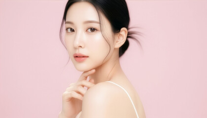 透明感あふれる美肌とナチュラルメイクの若い女性ビューティーポートレート、やわらかなピンク背景でスキンケア・保湿化粧品広告に最適な横構図コピースペース素材