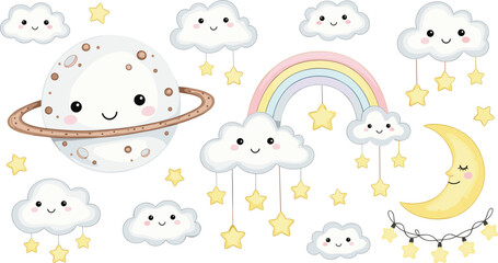 Cute Space Elements Set with Smiling Planet Rainbow Moon and Clouds © EdGe Creative