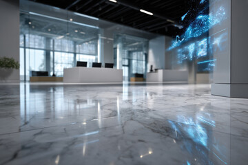 Obraz premium This image captures a bright reception area highlighted by large glass windows and digital screens, showcasing a blend of transparency and advanced technology in a modern setting.
