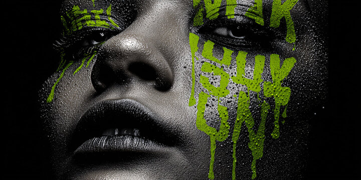 Woman with dripping green paint makeup and dark lips, intense artistic portrait with SULLY text Concept of avantgarde beauty, creative expression, and bold makeup