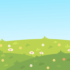 Vibrant cartoon landscape with rolling green hills and colorful flowers