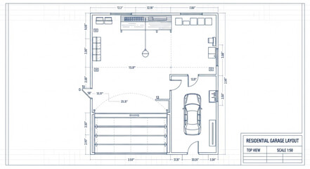Detailed architectural blueprint showcasing the layout of a garage and workshop space.