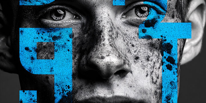 Intense closeup portrait of a man with abstract blue geometric shapes and textured skin, conveying a concept of digital art, identity, or modern expression