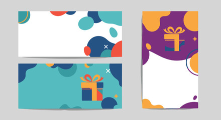 Set of three modern gift voucher or card templates with colorful abstract shapes and gift box icons on a gray background.