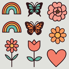  Colorful doodle illustrations of flowers, butterflies, rainbows, and heart isolated on transparent background