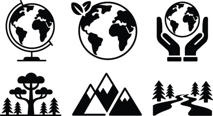 Black Silhouette Icons of Earth Globes, Mountains, Trees, and Forest Path on White Background planet © MdAbdur