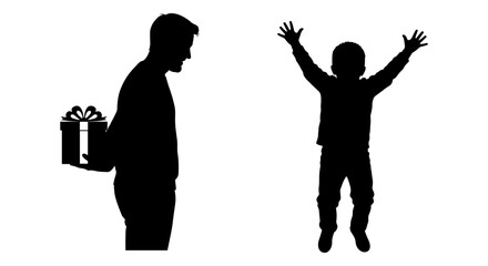 A silhouette of a person giving a gift to a joyful child with arms outstretched. Vector, illustration