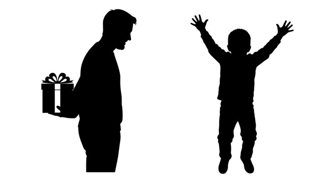 A silhouette of a person giving a gift to a joyful child with arms outstretched. Vector, illustration