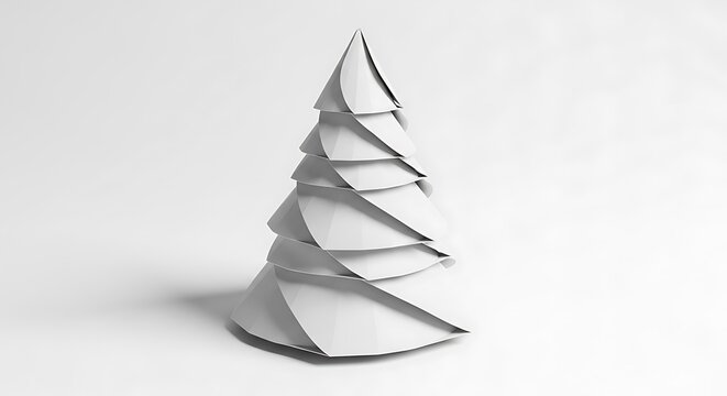 Abstract geometric Christmas tree made of white paper layers, modern holiday d&eacute;cor