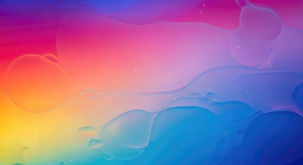 Vibrant rainbow background with translucent bubbles floating on colorful liquid surface in gradient colors