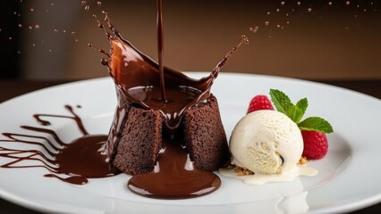 Decadent chocolate lava cake with melting chocolate sauce vanilla ice cream fresh raspberries and mint leaves on a white plate
