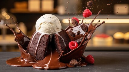 Decadent chocolate lava cake with ice cream and raspberries melted chocolate sauce splashing