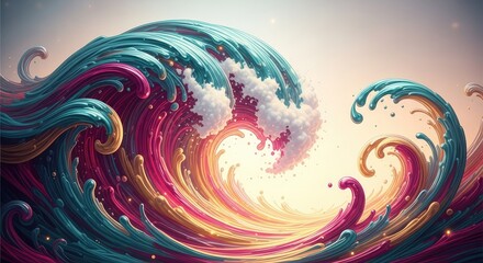 Vibrant colorful wave with swirling teal pink and orange hues against a bright gradient background