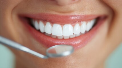 Fototapeta premium Woman smiling showing healthy white teeth during a regular dental check up with a professional dental mirror