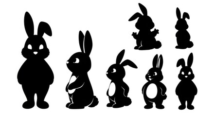 Seven black silhouette rabbits in various poses on white background for easter or spring concept