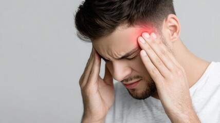 Fototapeta premium Stressed young man suffering from severe headache or migraine, feeling intense head pain and discomfort