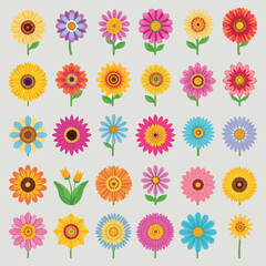  Vibrant colorful flowers collection isolated on transparent background