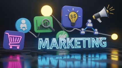 Marketing strategy concept with icons and glowing light bulb on dark background with reflection