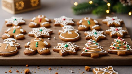 Assorted christmas gingerbread cookies on wooden board with festive decorations
