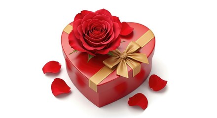 Romantic heart shaped gift box with red rose and petals on white background valentine's day symbol
