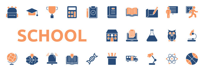 School icon two color style with book, open book, writing, presentation, exercise, bag icons