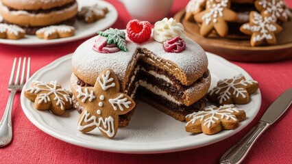 Delicious christmas layered cake with gingerbread cookies on a festive red tablecloth powdered sugar and holly decoration