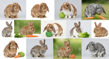 Adorable rabbits and bunnies eating vegetables variety of breeds and colors cute animals