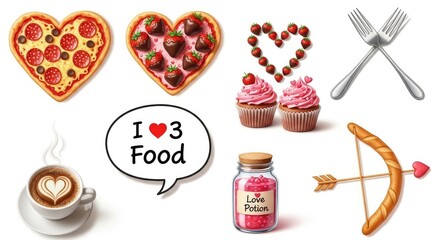 Valentine's day food and drink collage with heart shaped pizzas cupcakes and romantic elements